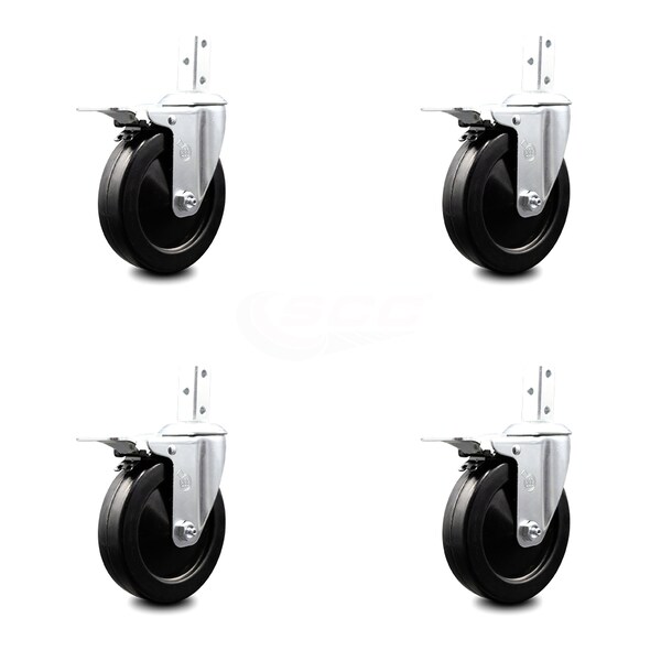 5 Inch Soft Rubber Wheel Swivel 7/8 Inch Square Stem Caster Set Total Lock Brake
